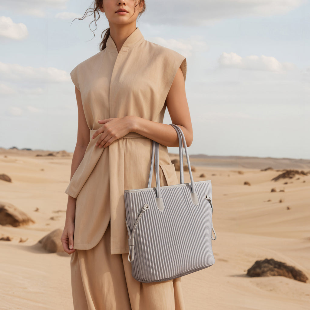 ONIMALS Women's Tote Bag Vertical Pleated Texture with Decorative Drawstring Large Capacity Shoulder Bag Custom Logo Accepted