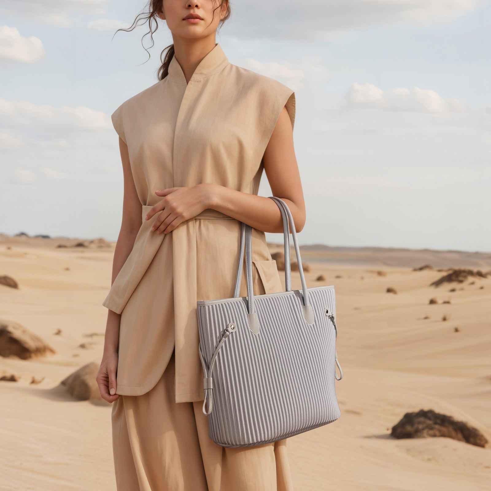 ONIMALS Women's Tote Bag Vertical Pleated Texture with Decorative Drawstring Large Capacity Shoulder Bag Custom Logo Accepted