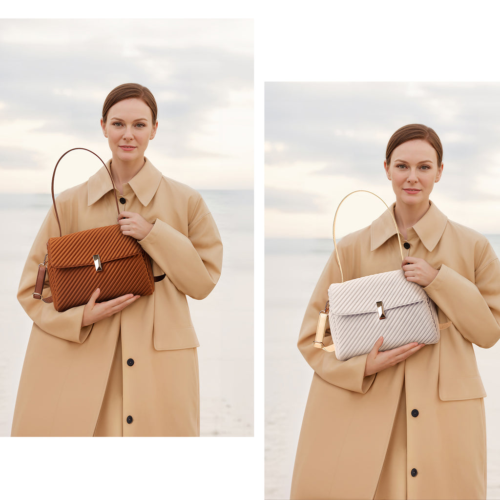ONIMALS New Arrival Women's Diagonal Pleated Flap Bag 2-Way Convertible Shoulder Bag with Metal Lock Clasp