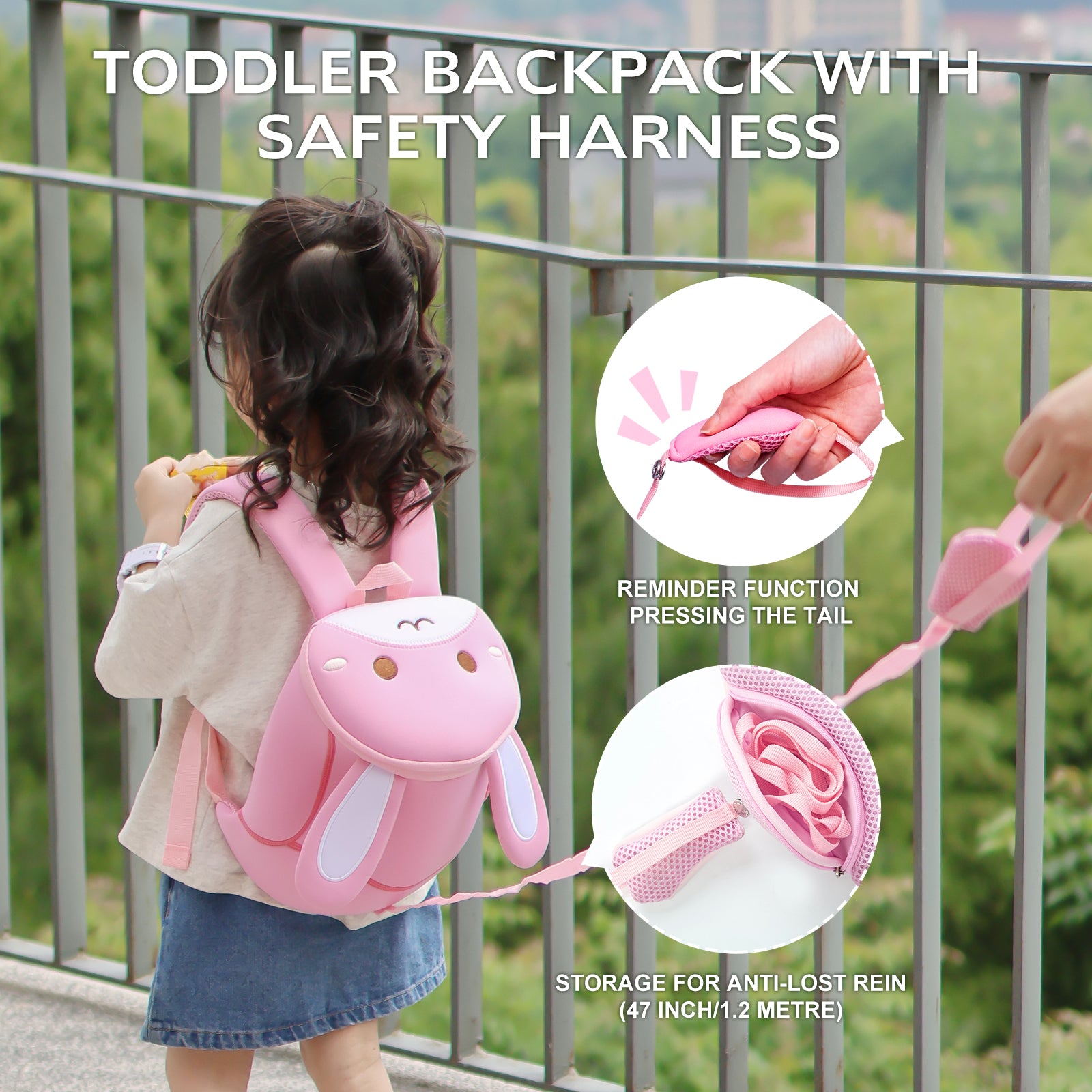 NOHOO High Quality Mini Cute 3D Pink Bunny Kids Backpack with Anti Lost Traction Rope