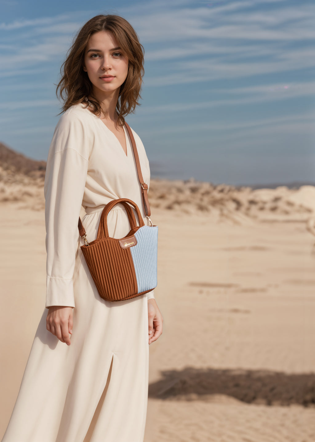Onimals Elegant Vertical Pleated Tote Bag Brown & White Color-Block Structured Crossbody Bag Ideal for Casual