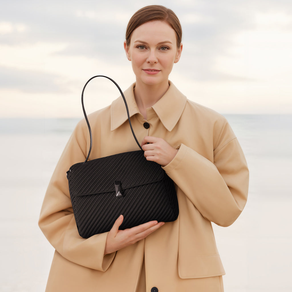 ONIMALS New Arrival Women's Diagonal Pleated Flap Bag 2-Way Convertible Shoulder Bag with Metal Lock Clasp