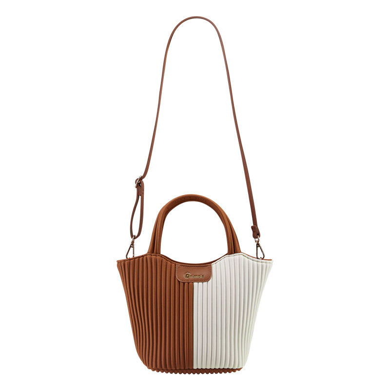 Onimals Elegant Vertical Pleated Tote Bag Brown & White Color-Block Structured Crossbody Bag Ideal for Casual
