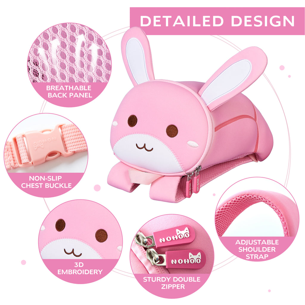 NOHOO High Quality Mini Cute 3D Pink Bunny Kids Backpack with Anti Lost Traction Rope