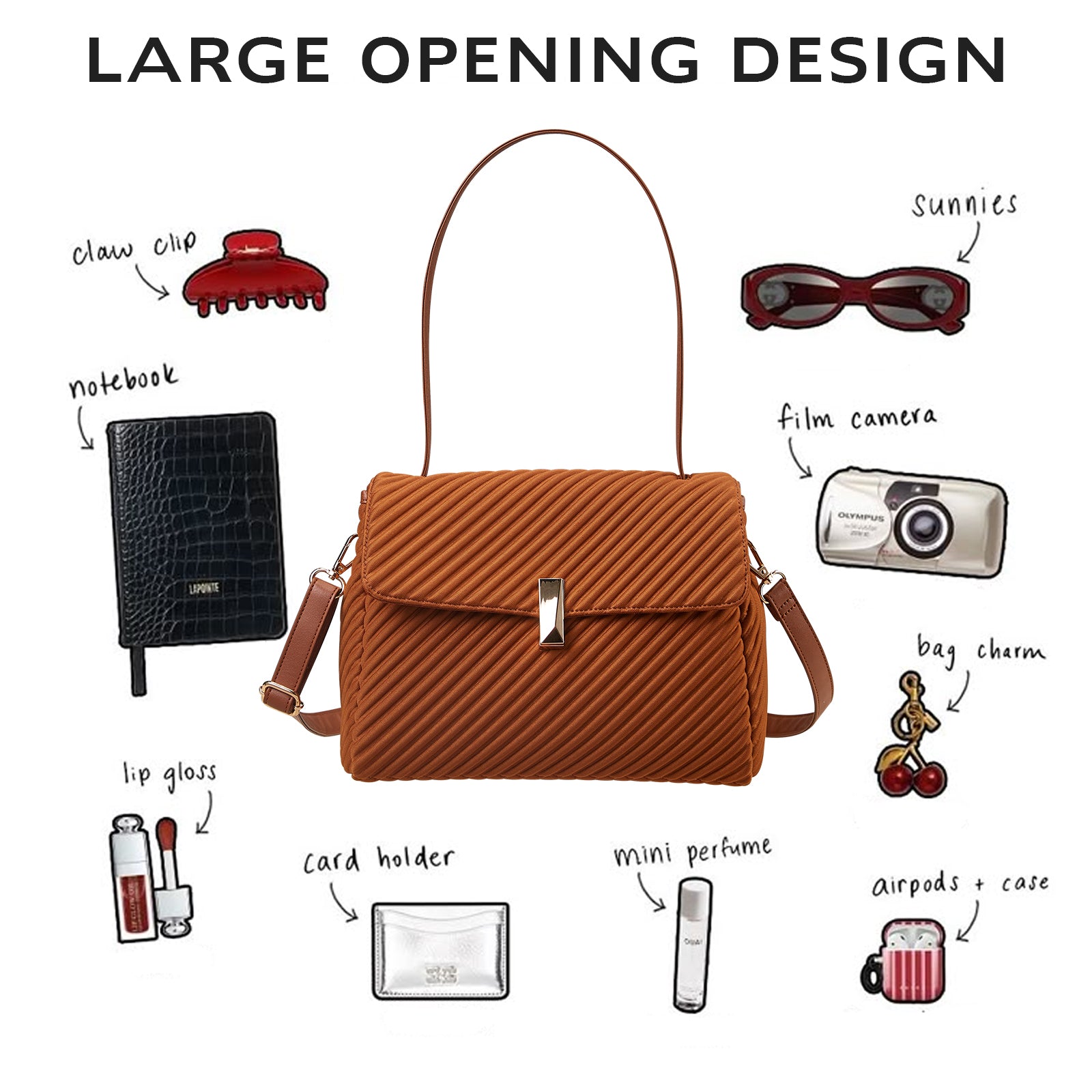 ONIMALS New Arrival Women's Diagonal Pleated Flap Bag 2-Way Convertible Shoulder Bag with Metal Lock Clasp