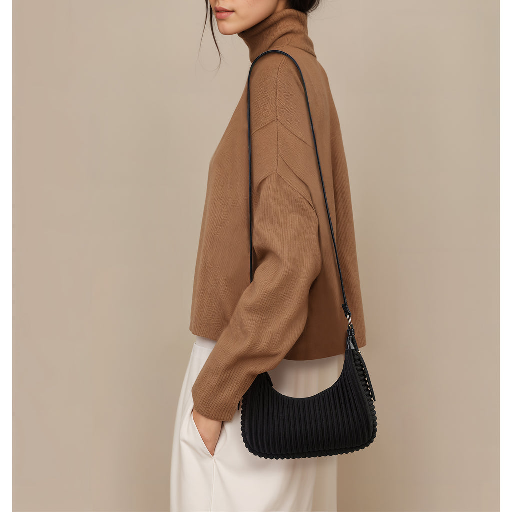NOHOO Wholesale Vertical Pleated Crescent Bags Black Textured Crossbody Bags Custom Logo Accepted for Boutiques