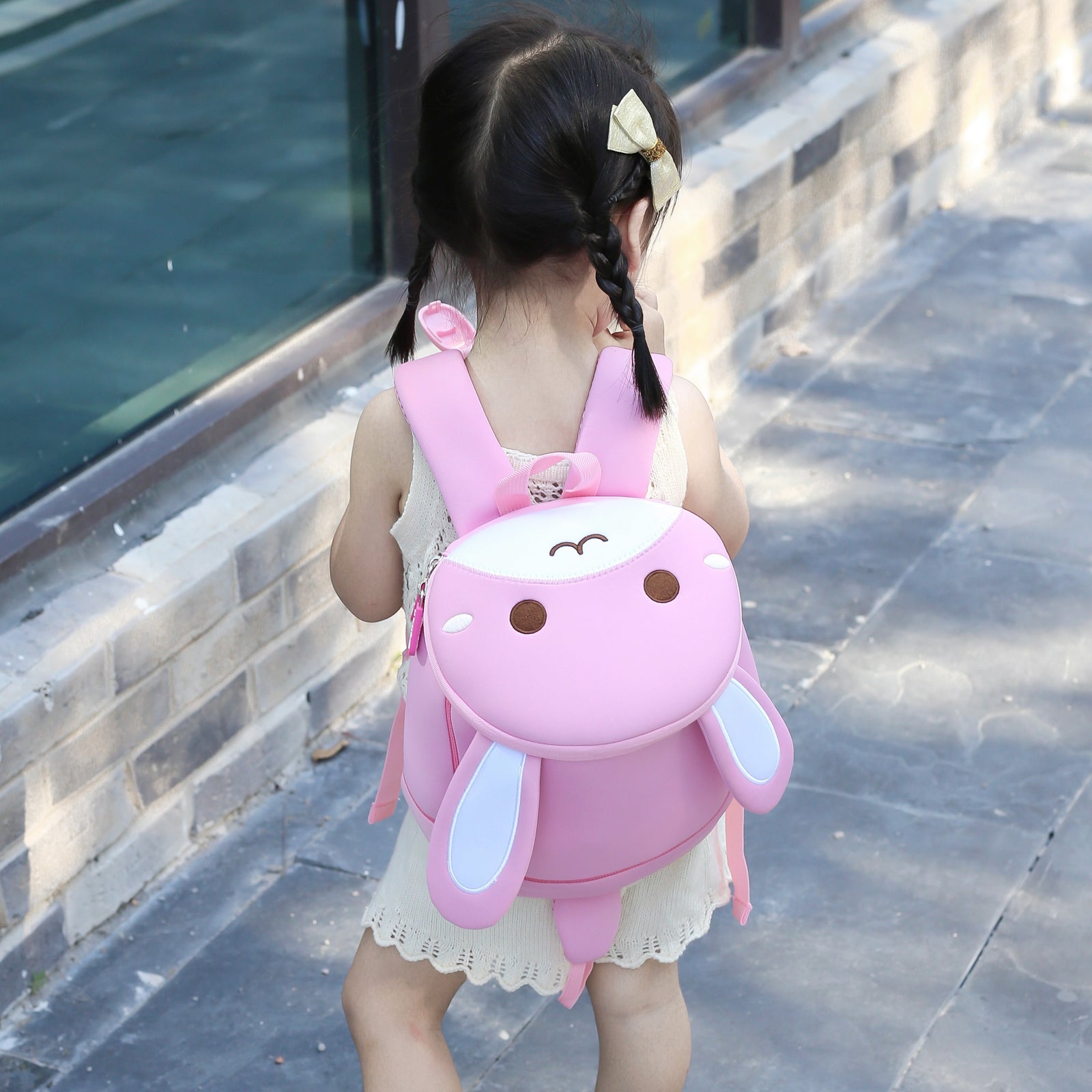 NOHOO High Quality Mini Cute 3D Pink Bunny Kids Backpack with Anti Lost Traction Rope