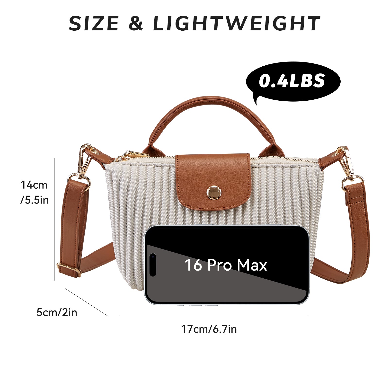 ONIMALS New Arrival Pleated Crossbody Bag Solid Brown Fashion Handbag with Secure Zipper Women's Accessory