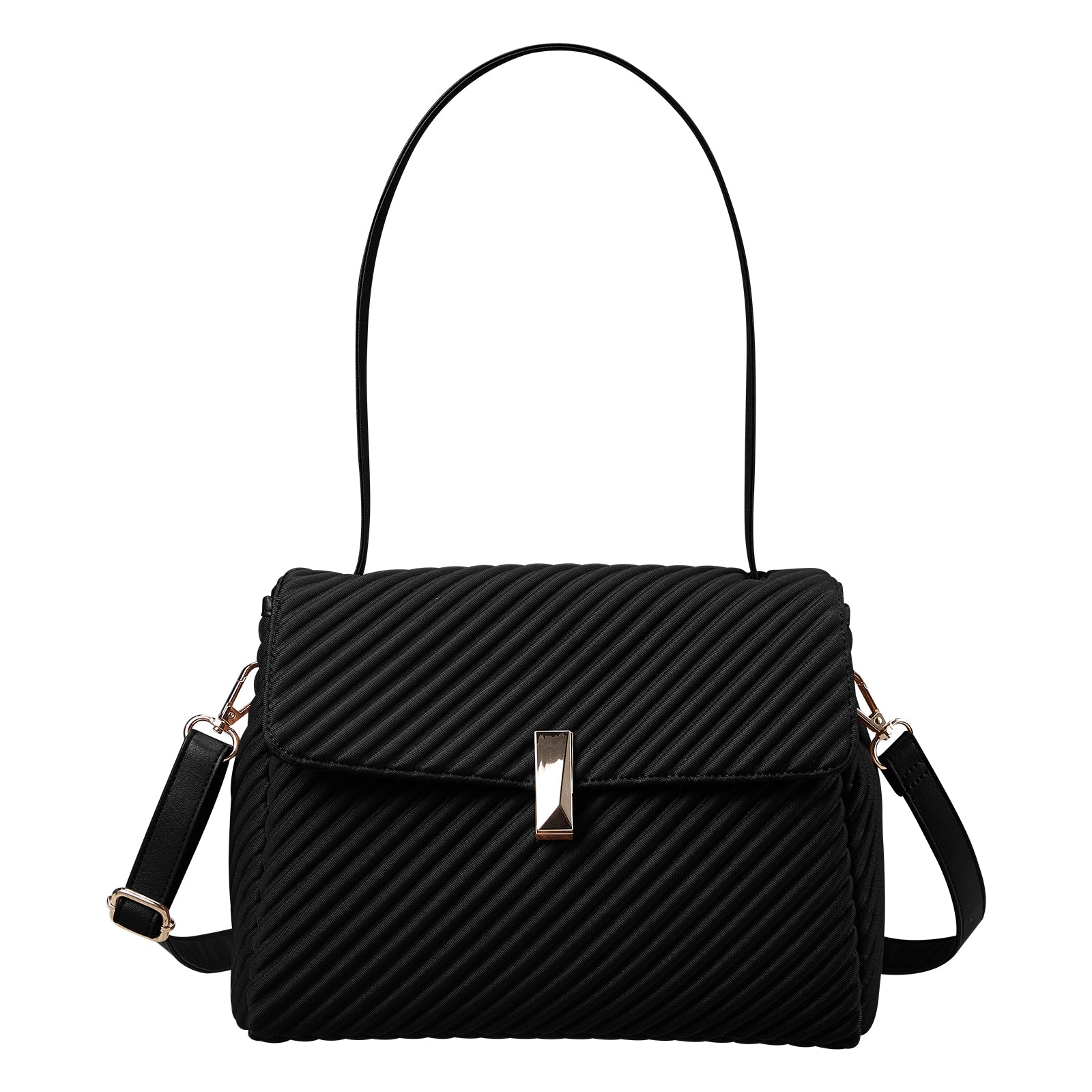 ONIMALS New Arrival Women's Diagonal Pleated Flap Bag 2-Way Convertible Shoulder Bag with Metal Lock Clasp