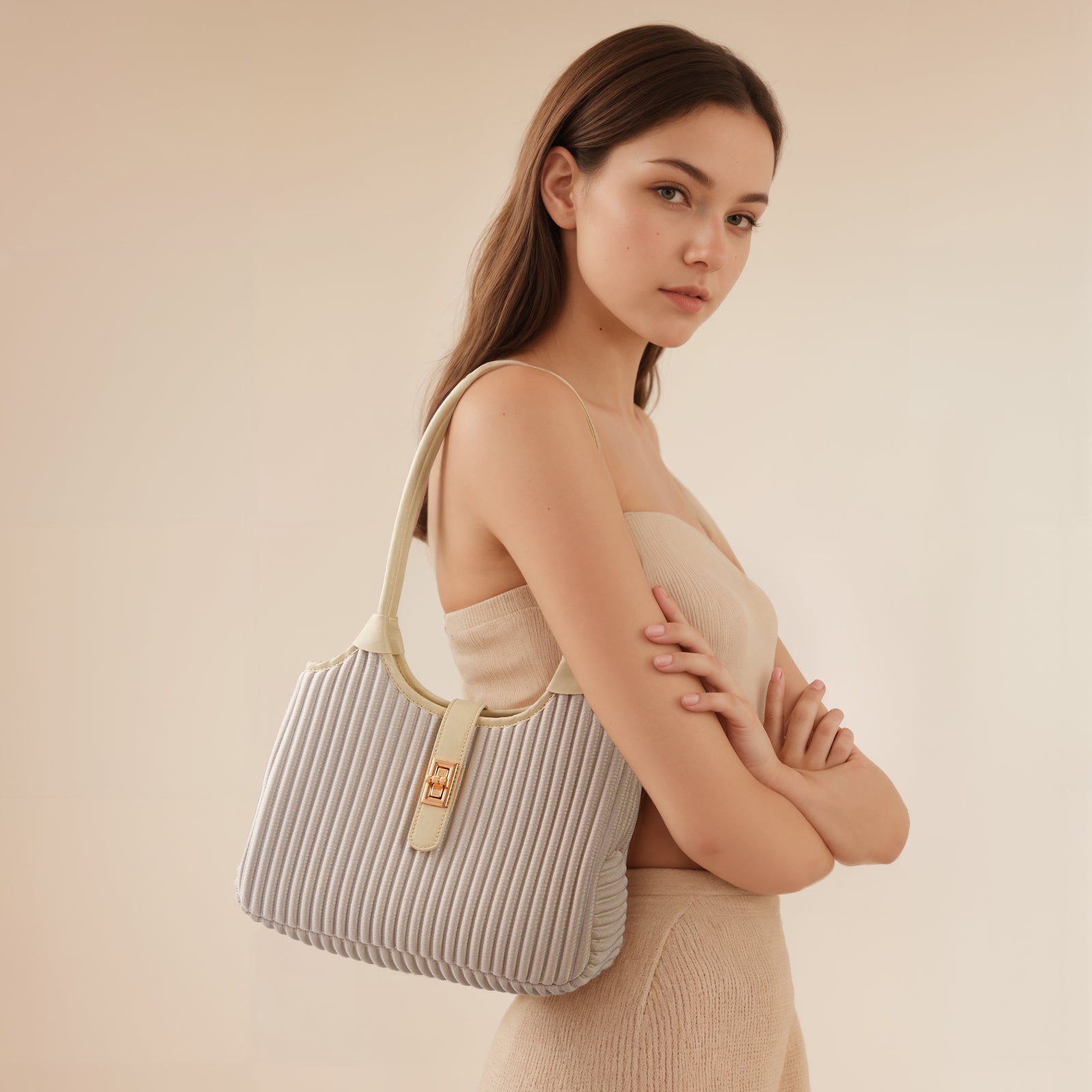ONIMALS Minimalist Pleated Shoulder Bag Solid Light Blue Hobo Handbag with Lock Closure Quality Craftsmanship Bag