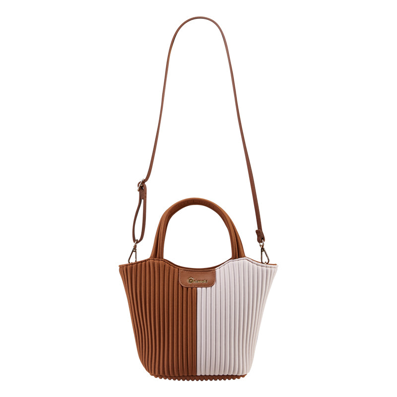 Onimals Elegant Vertical Pleated Tote Bag Brown & White Color-Block Structured Crossbody Bag Ideal for Casual